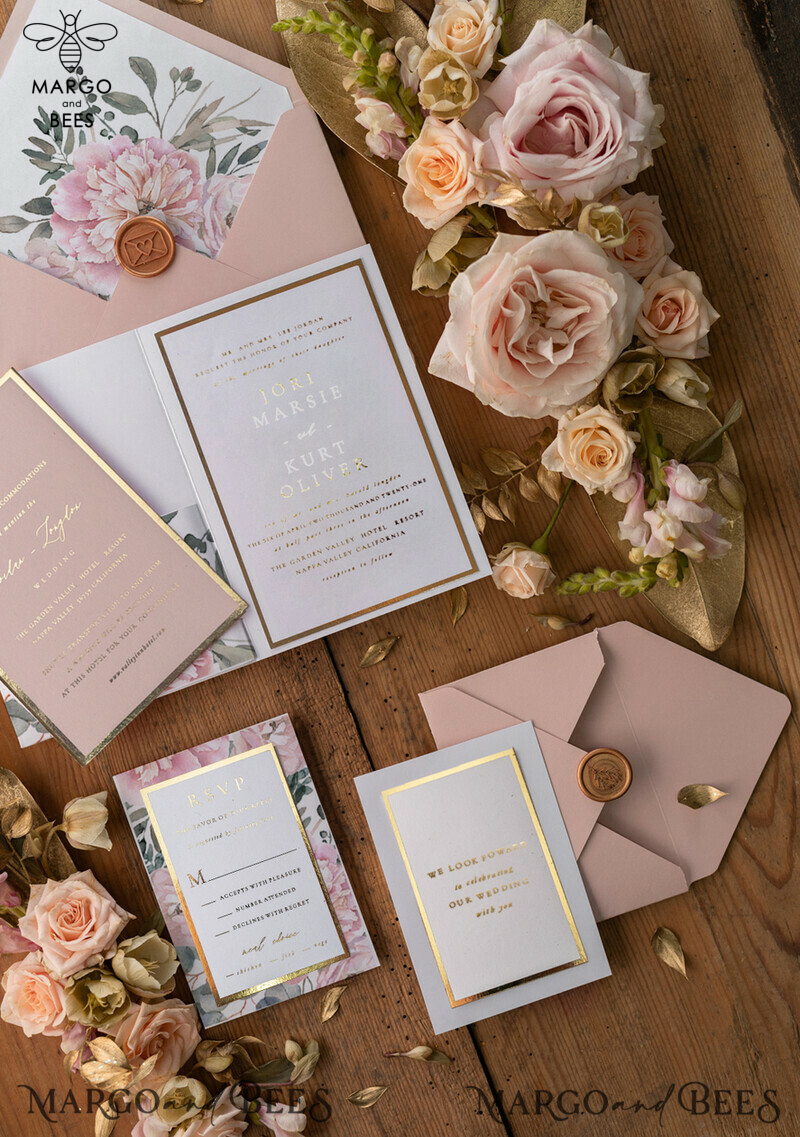 Luxury Golden Shine Wedding Invitations, Romantic Blush Pink Wedding Cards, Glamour Peony Pocketfold Wedding Invitation Suite, Floral Vintage Wedding Stationery-3