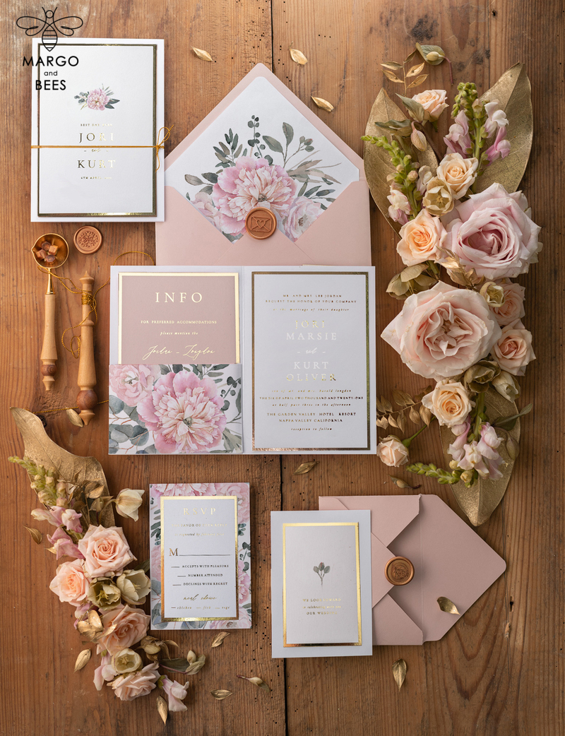  Gold Wedding Invitations,  Gold Lettering Vinatge  Peonies Wedding Stationery,  Pocket Fold Pink Elegant Wedding Invitations Suite-3