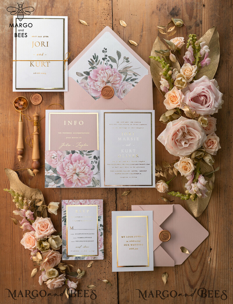 Luxury Golden Shine Wedding Invitations, Romantic Blush Pink Wedding Cards, Glamour Peony Pocketfold Wedding Invitation Suite, Floral Vintage Wedding Stationery-0