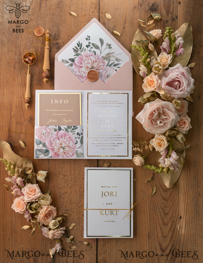 Luxury Golden Shine Wedding Invitations, Romantic Blush Pink Wedding Cards, Glamour Peony Pocketfold Wedding Invitation Suite, Floral Vintage Wedding Stationery-1