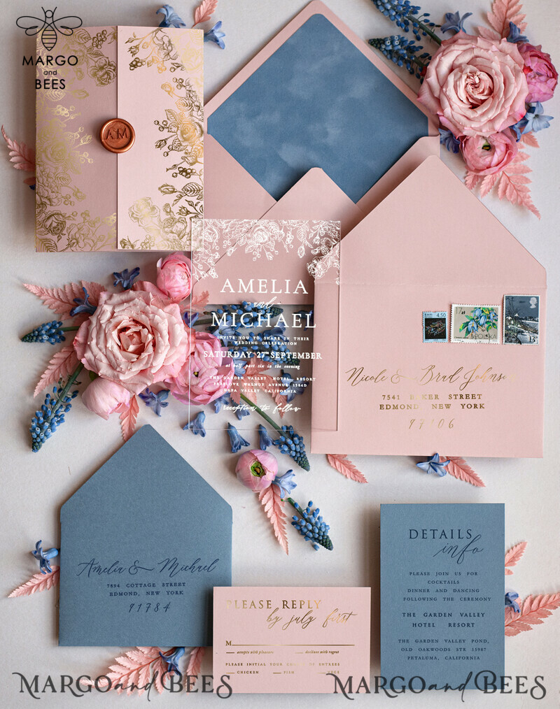 Elegant Wedding invitations light pink, Plexi Wedding Invitation Suite, Glamour Wedding Invitations pink and ice blue, Luxury Wedding Cards-1