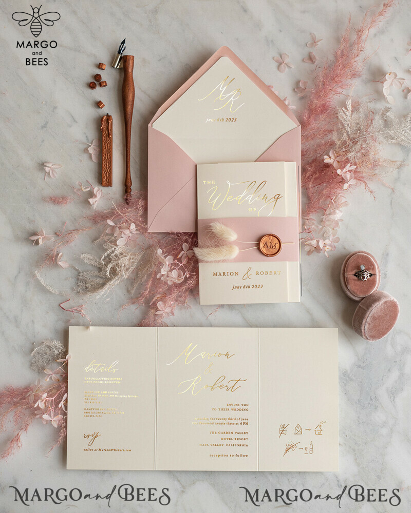 Blush Pink boho wedding invitations, Glamour Wedding Invitations • Golden Wedding Invitation Suite • Luxury Wedding Cards-0