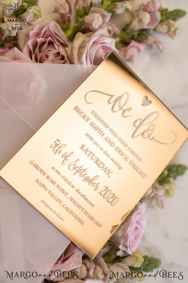 Exquisite Luxury Gold Plexi Acrylic Wedding Invitations with Elegant Blush Pink Wedding Cards: Glamour and Glamour Golden Wedding Invites in a Bespoke Vellum Wedding Invitation Suite-1