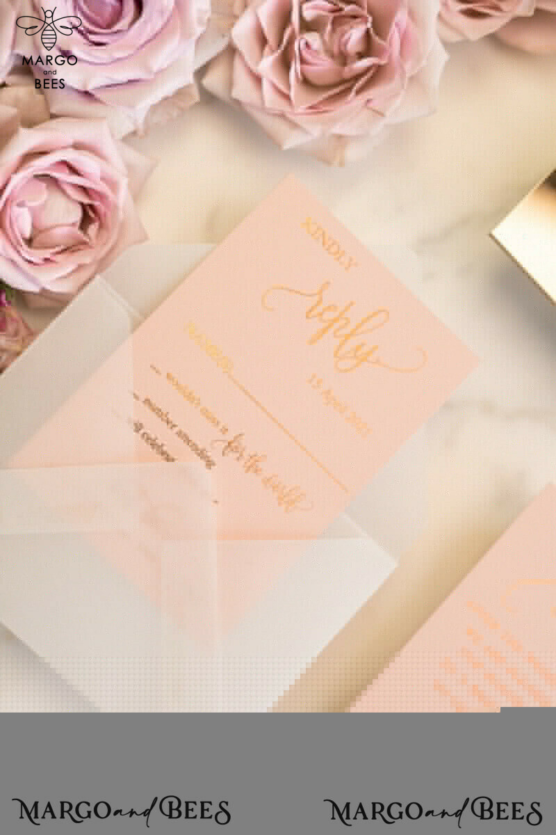 Luxury Gold Plexi Acrylic Wedding Invitations: Elegant Blush Pink Cards with Glamour Golden Details in a Bespoke Vellum Invitation Suite-10