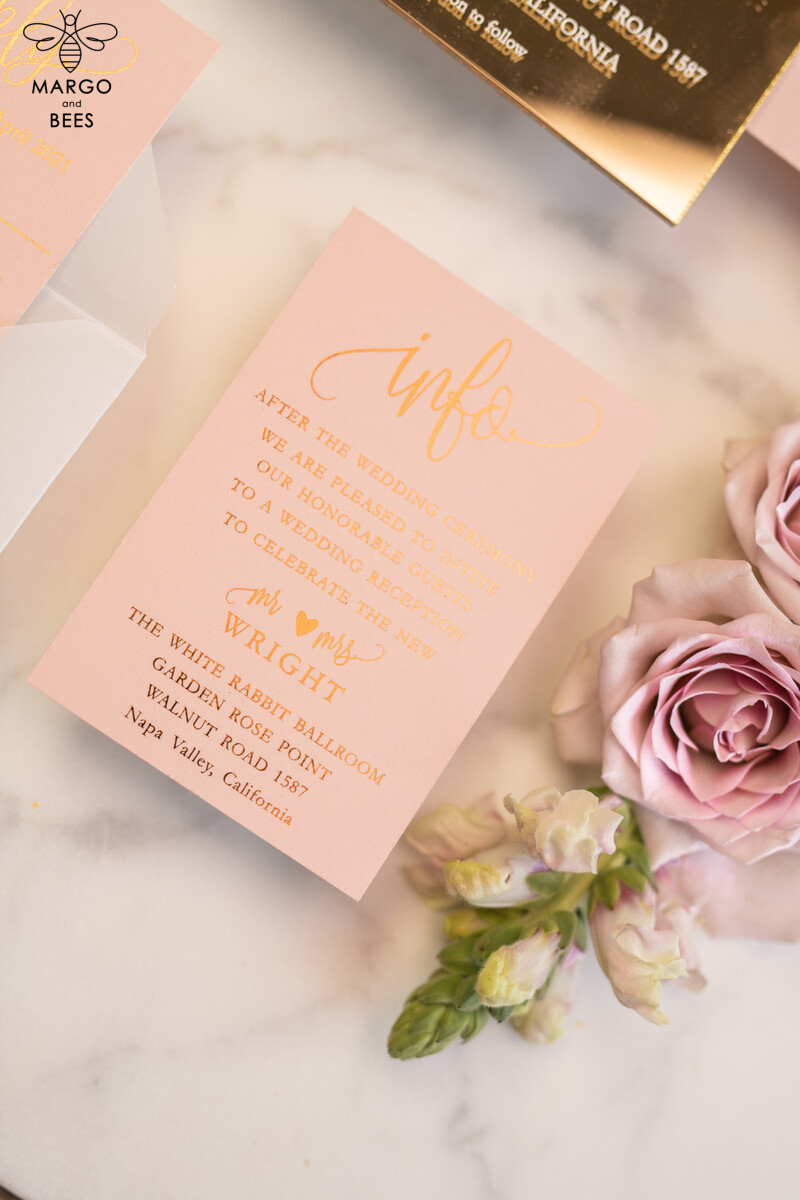 Luxurious Gold Plexi Acrylic Wedding Invitations with Elegant Blush Pink Cards: Glamorous Golden Wedding Invites in a Bespoke Vellum Invitation Suite-3