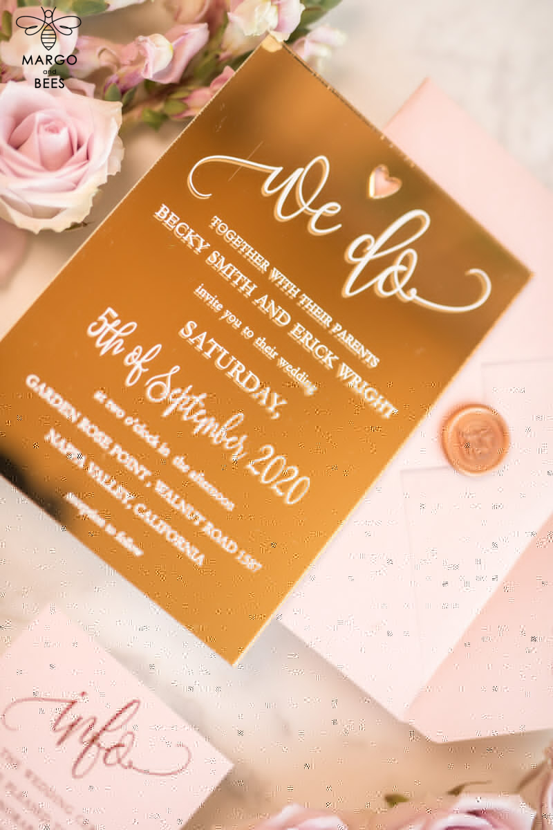 Exquisite Luxury Gold Plexi Acrylic Wedding Invitations with Elegant Blush Pink Wedding Cards. Introducing Glamour Golden Wedding Invites and the Bespoke Vellum Wedding Invitation Suite.-5