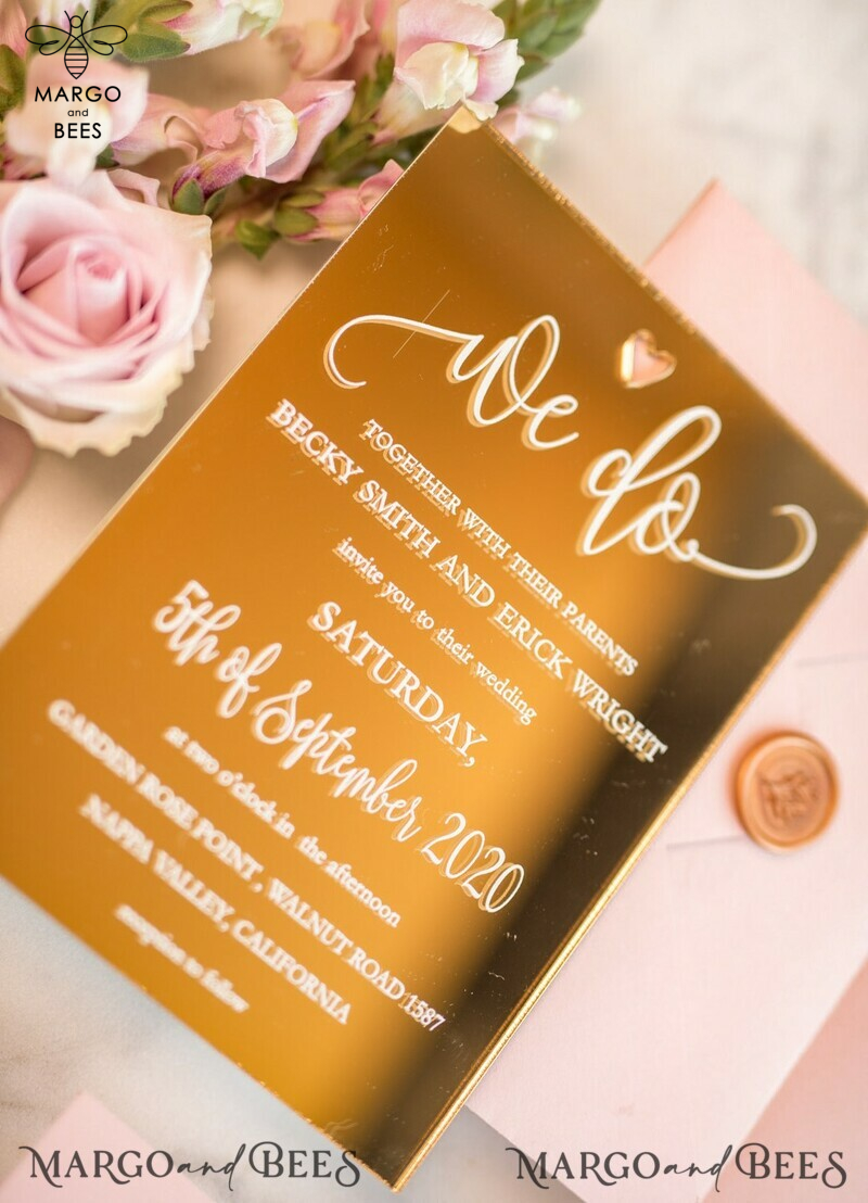 Luxurious Gold Plexi Acrylic Wedding Invitations with Elegant Blush Pink Cards: Glamorous Golden Wedding Invites in a Bespoke Vellum Invitation Suite-9