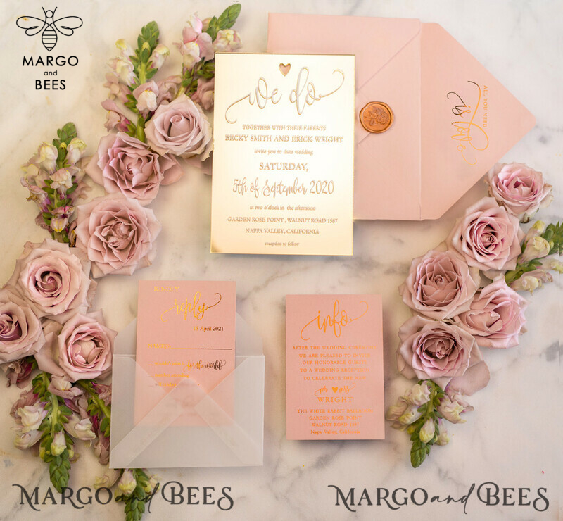 Exquisite Luxury Gold Plexi Acrylic Wedding Invitations with Elegant Blush Pink Wedding Cards. Introducing Glamour Golden Wedding Invites and the Bespoke Vellum Wedding Invitation Suite.-0