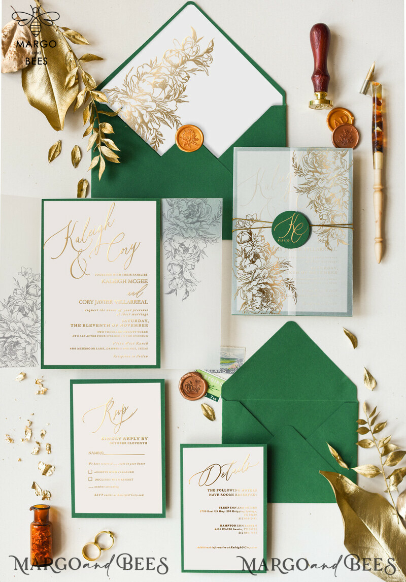  Greenery Gold Wedding Invitations, Luxury Golden Shine Wedding Cards, Elegant Vellum Wedding Invites, Bespoke Forest Green Wedding Invitation Suite-0