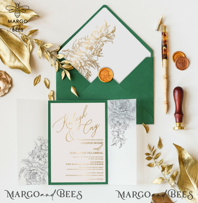  Greenery Gold Wedding Invitations, Luxury Golden Shine Wedding Cards, Elegant Vellum Wedding Invites, Bespoke Forest Green Wedding Invitation Suite-5