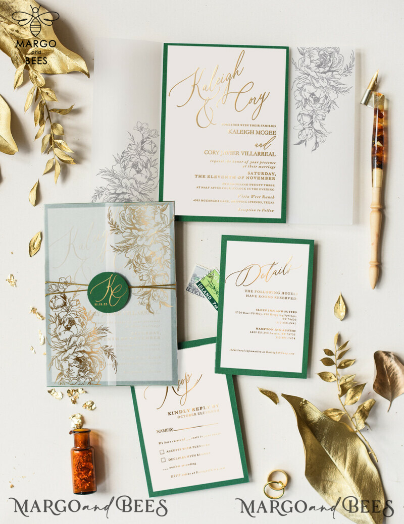  Greenery Gold Wedding Invitations, Luxury Golden Shine Wedding Cards, Elegant Vellum Wedding Invites, Bespoke Forest Green Wedding Invitation Suite-1