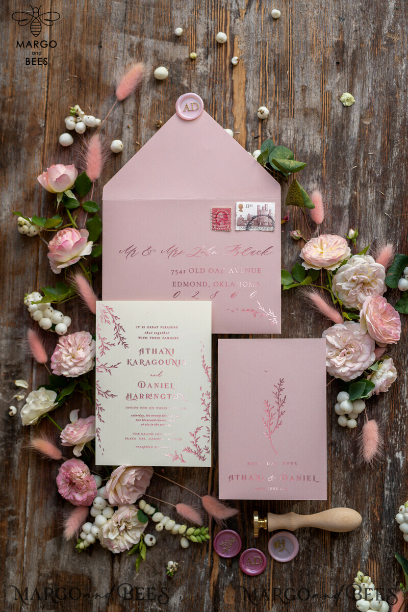 Glamour Rose Gold Wedding Invitations, Luxury Blush Pink Wedding Invitation Suite, Romantic Floral Wedding Cards, Minimalistic Wedding Invites-2