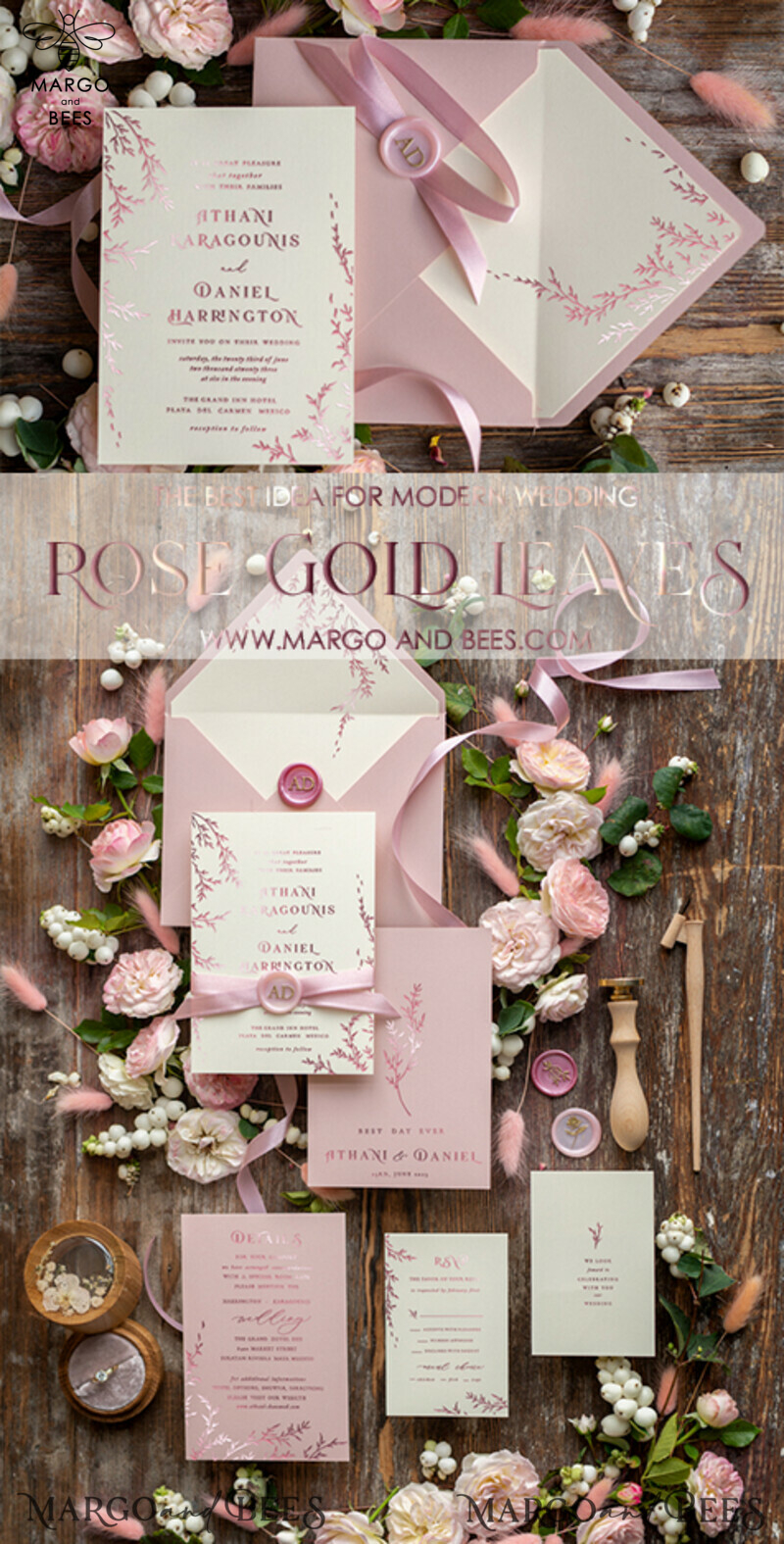Elegant Glamour Rose Gold Wedding Invitations | Luxury Blush Pink Invitation Suite with Romantic Floral Details | Minimalistic and Stylish Wedding Invites-5