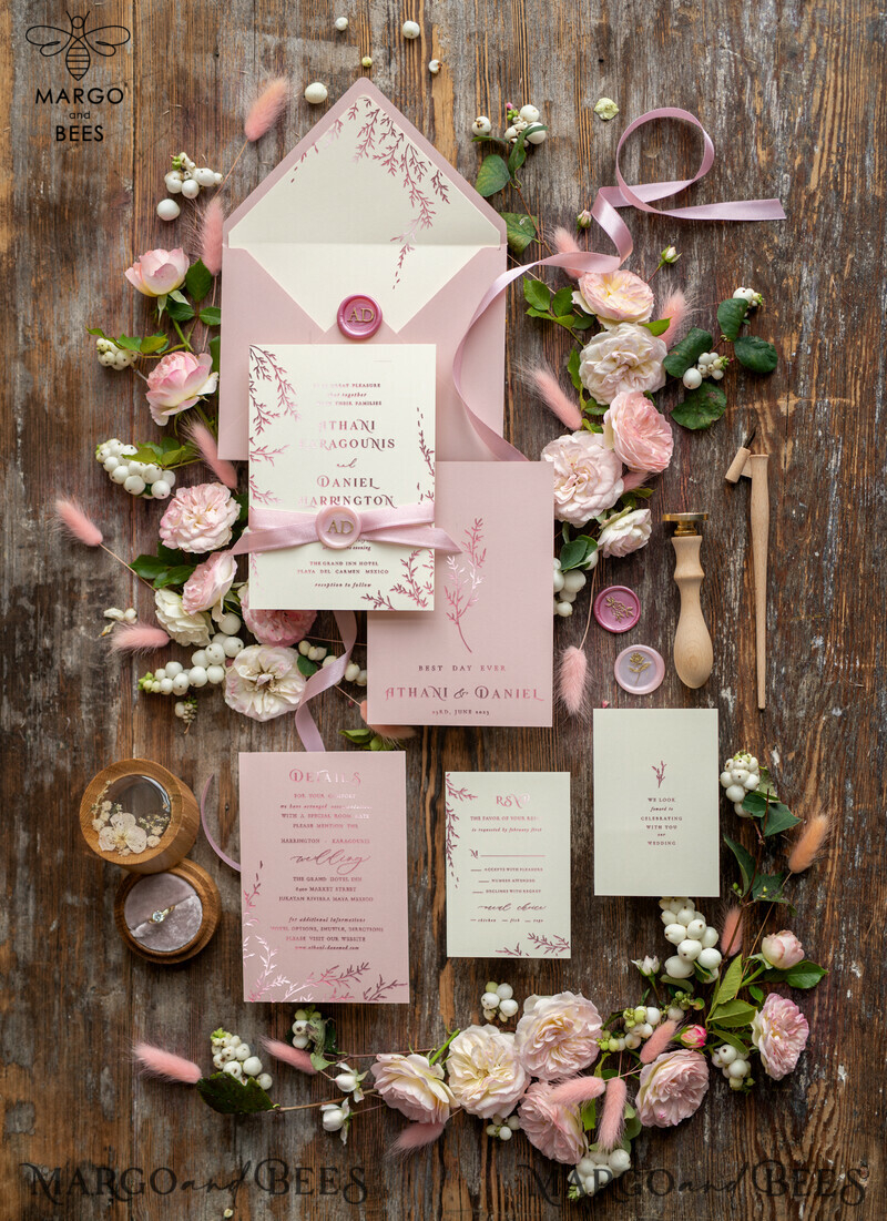 Glamour Rose Gold Wedding Invitations, Luxury Blush Pink Wedding Invitation Suite, Romantic Floral Wedding Cards, Minimalistic Wedding Invites-0