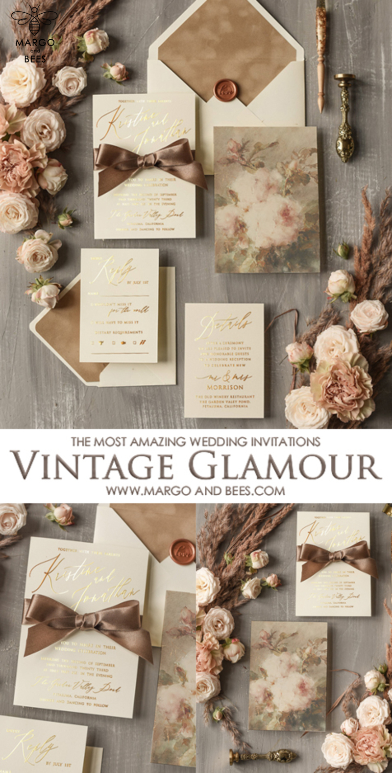 Vintage Glamour Wedding Invitations, Gold Wedding Invites, Velvet Liner wedding cards -2