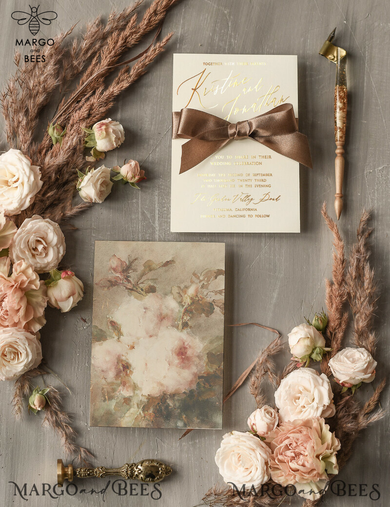 Vintage Glamour Wedding Invitations, Gold Wedding Invites, Velvet Liner wedding cards -1