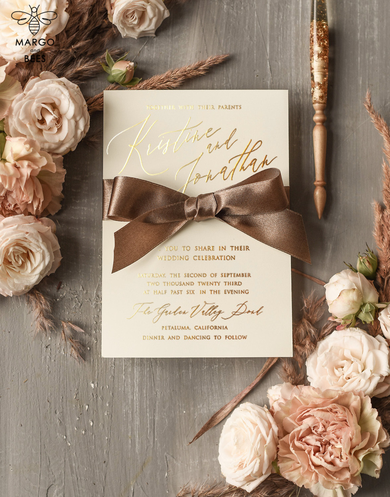 Elegant Nude Velvet Wedding Invitations: Luxury Gold Foil Wedding Invitation Suite for a Romantic Vintage Wedding with Glamour Wedding Stationery-4