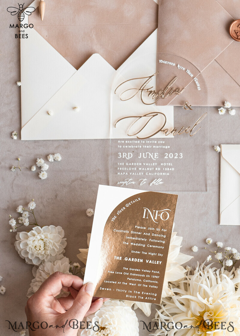 Elegant Arch Golden Acrylic Wedding Invitation Suite with Velvet Beige and Glamour Plexi Glass Details-16