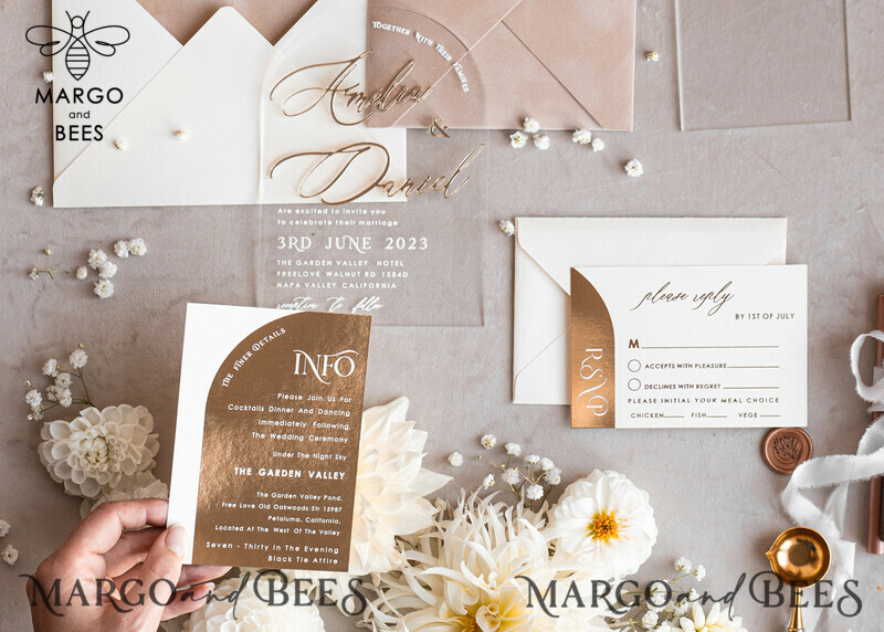 Elegant Arch Golden Acrylic Wedding Invitation Suite with Velvet Beige and Glamour Plexi Glass Details-24