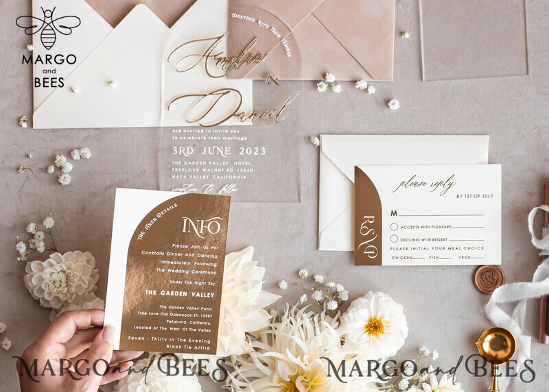 Elegant Arch Golden Acrylic Wedding Invitation Suite with Velvet Beige and Glamour Plexi Glass Details-17