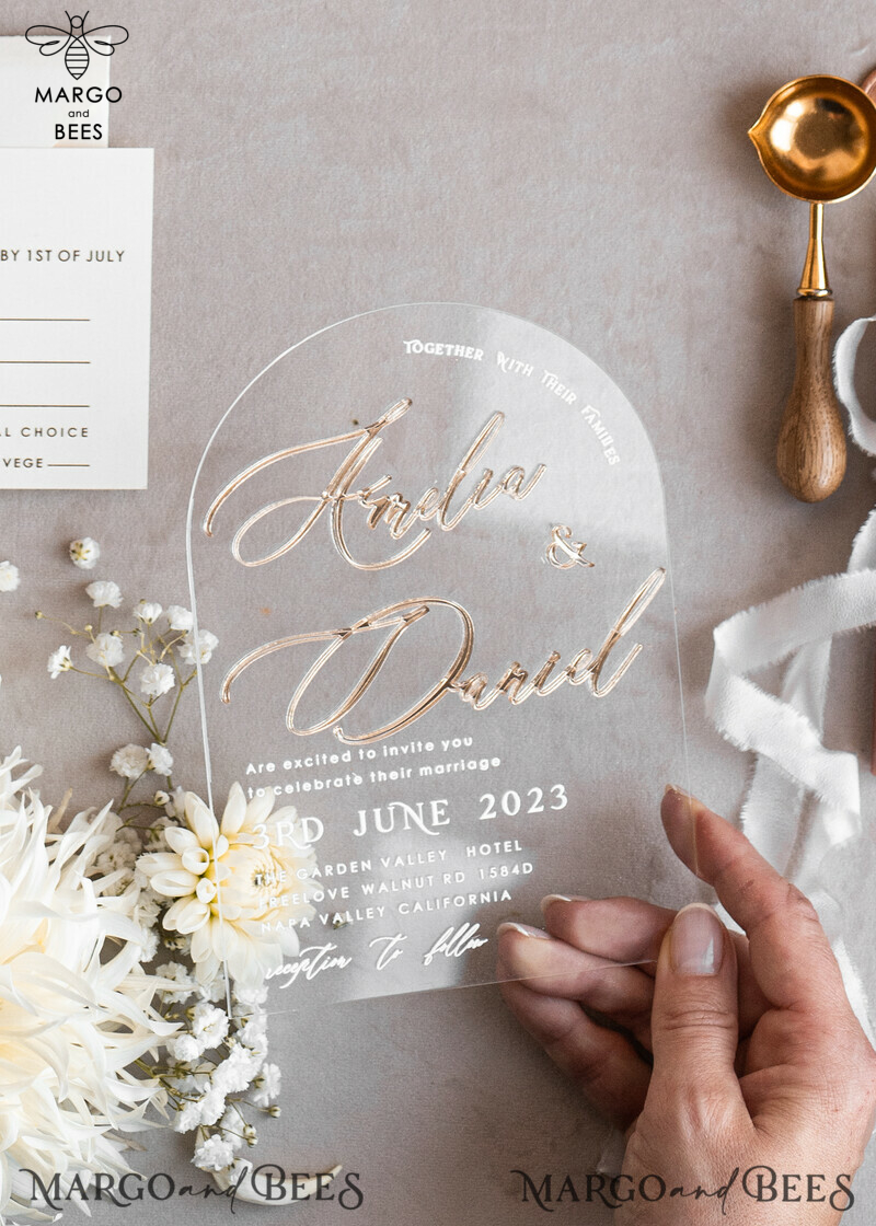 Elegant Arch Golden Acrylic Wedding Invitation Suite with Velvet Beige and Glamour Plexi Glass Details-20
