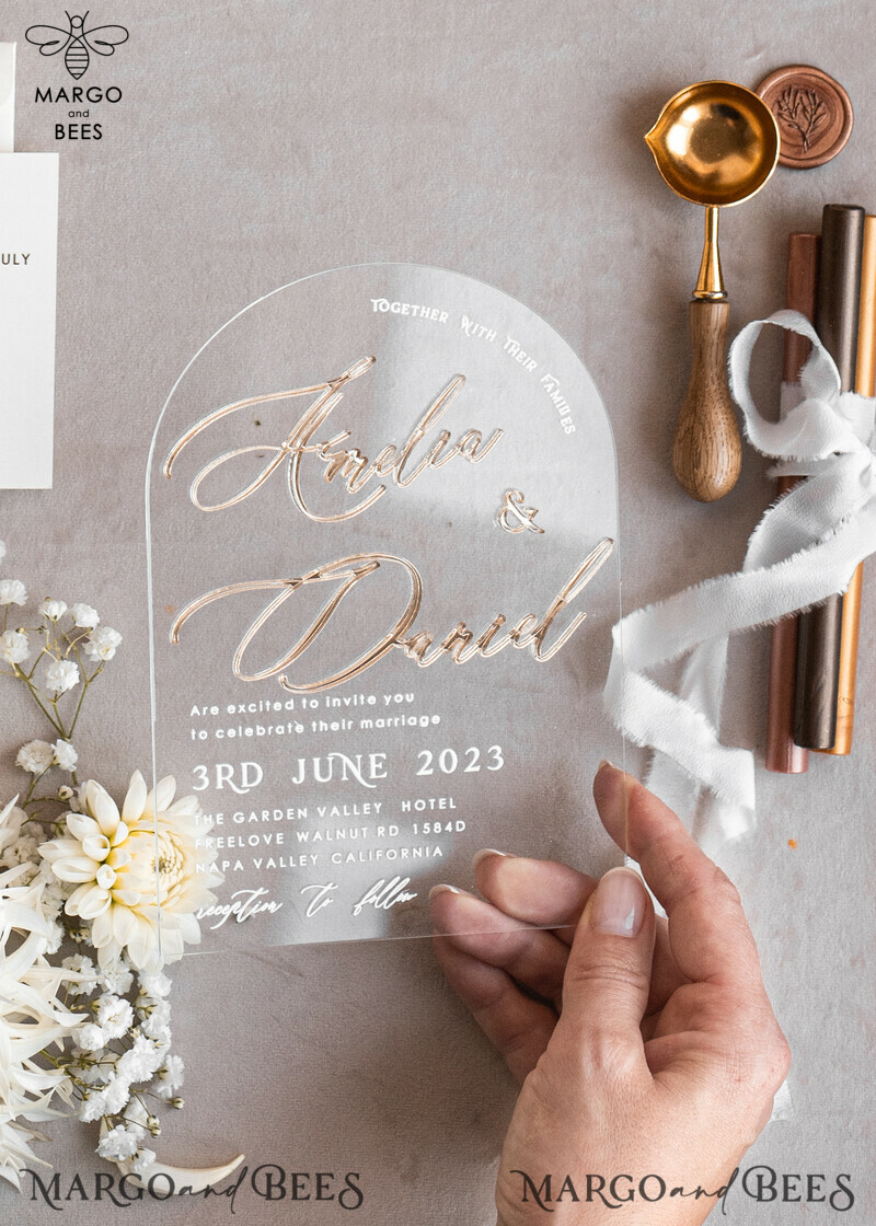 Elegant Arch Golden Acrylic Wedding Invitation Suite with Velvet Beige and Glamour Plexi Glass Details-21