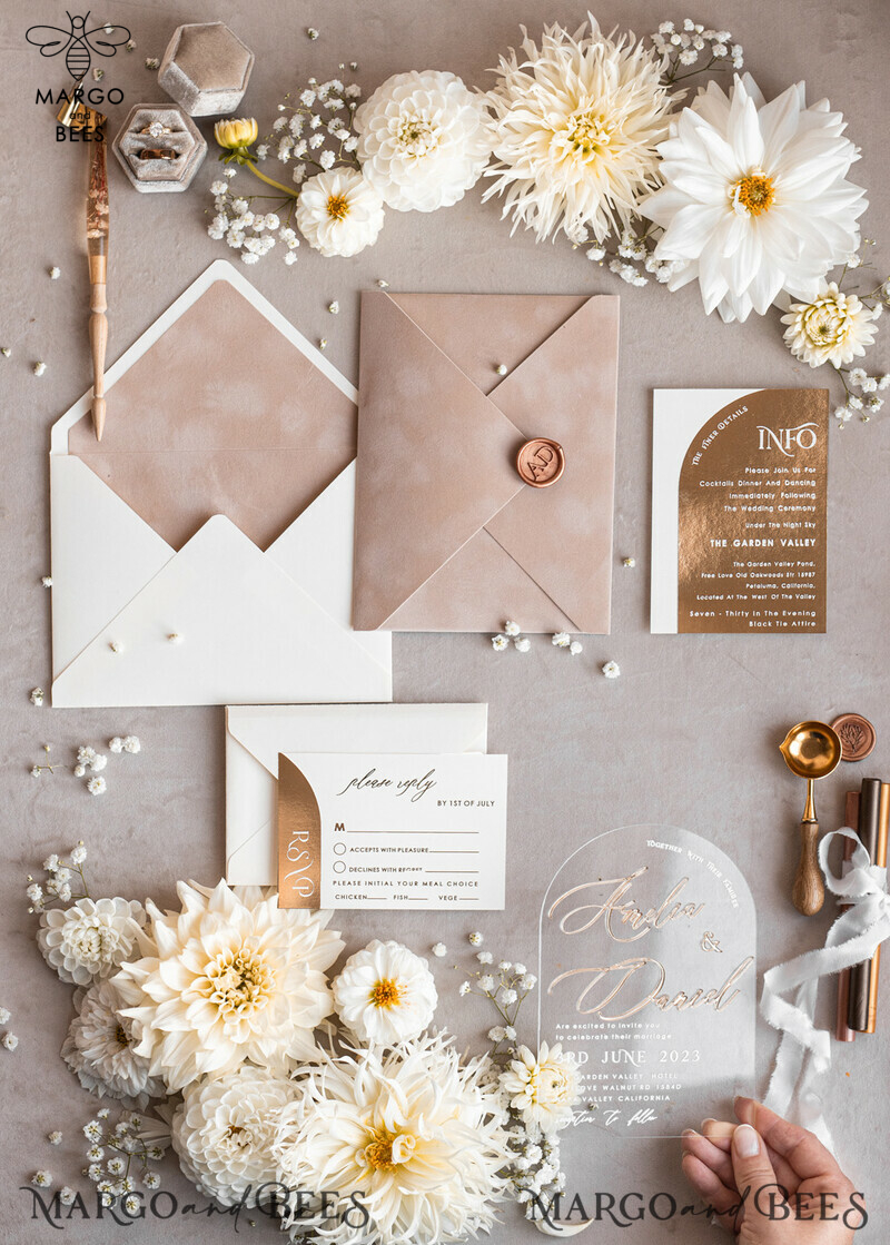 Elegant Arch Golden Acrylic Wedding Invitation Suite with Velvet Beige and Glamour Plexi Glass Details-26