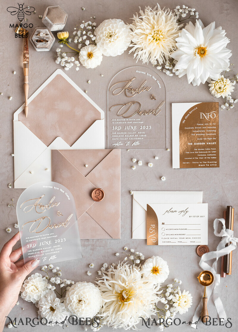 Elegant Arch Golden Acrylic Wedding Invitation Suite with Velvet Beige and Glamour Plexi Glass Details-1