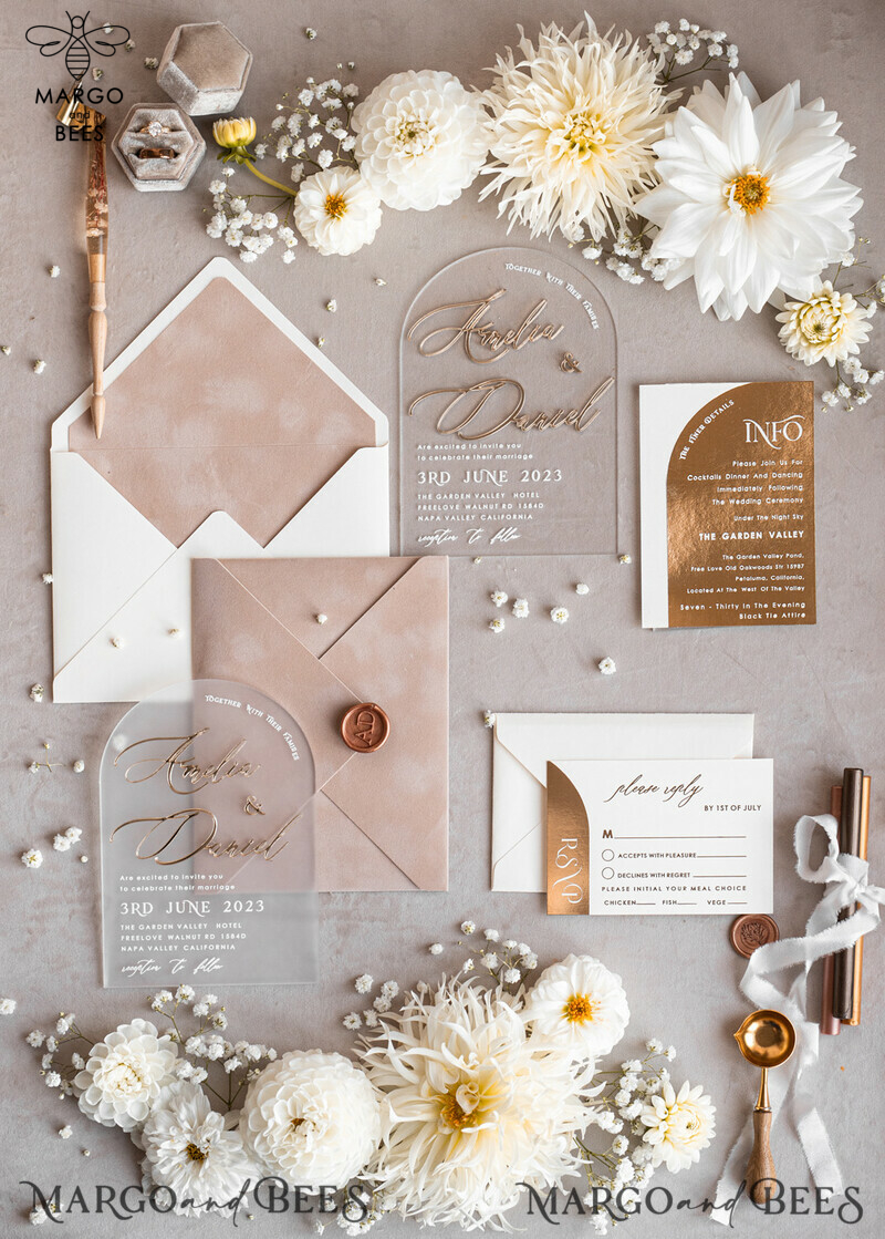 Elegant Arch Golden Acrylic Wedding Invitation Suite with Velvet Beige and Glamour Plexi Glass Details-0