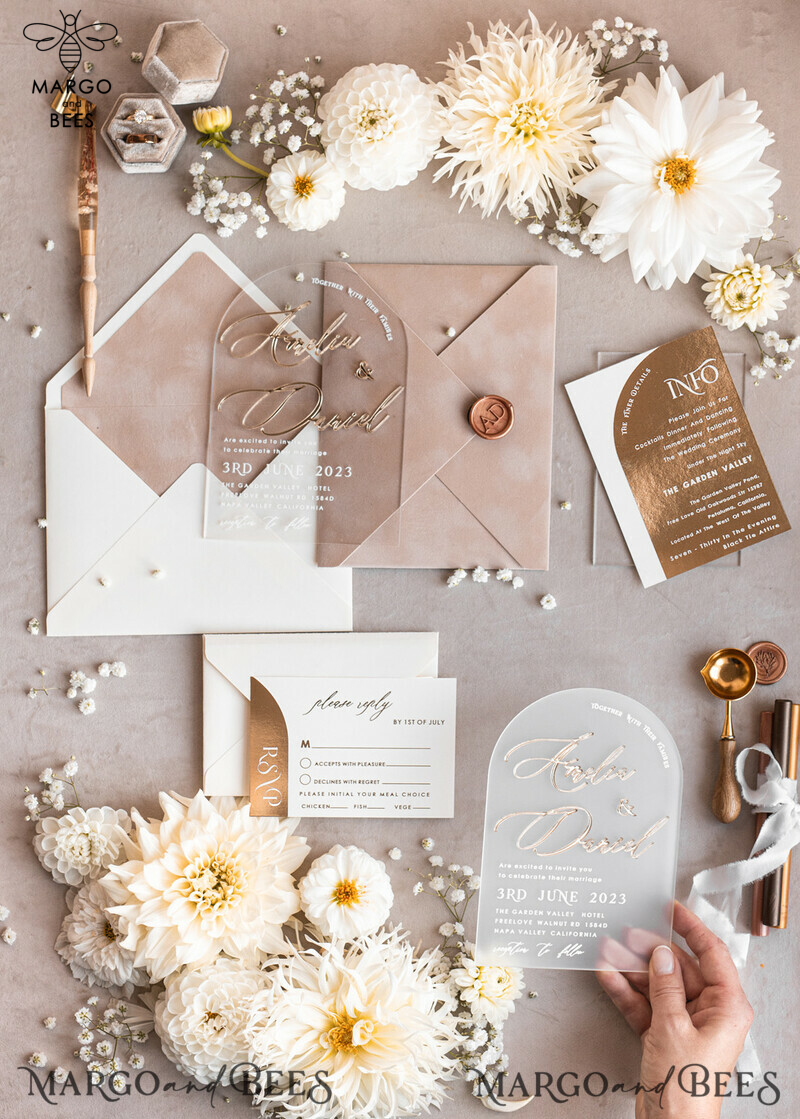 Elegant Arch Golden Acrylic Wedding Invitation Suite with Velvet Beige and Glamour Plexi Glass Details-27