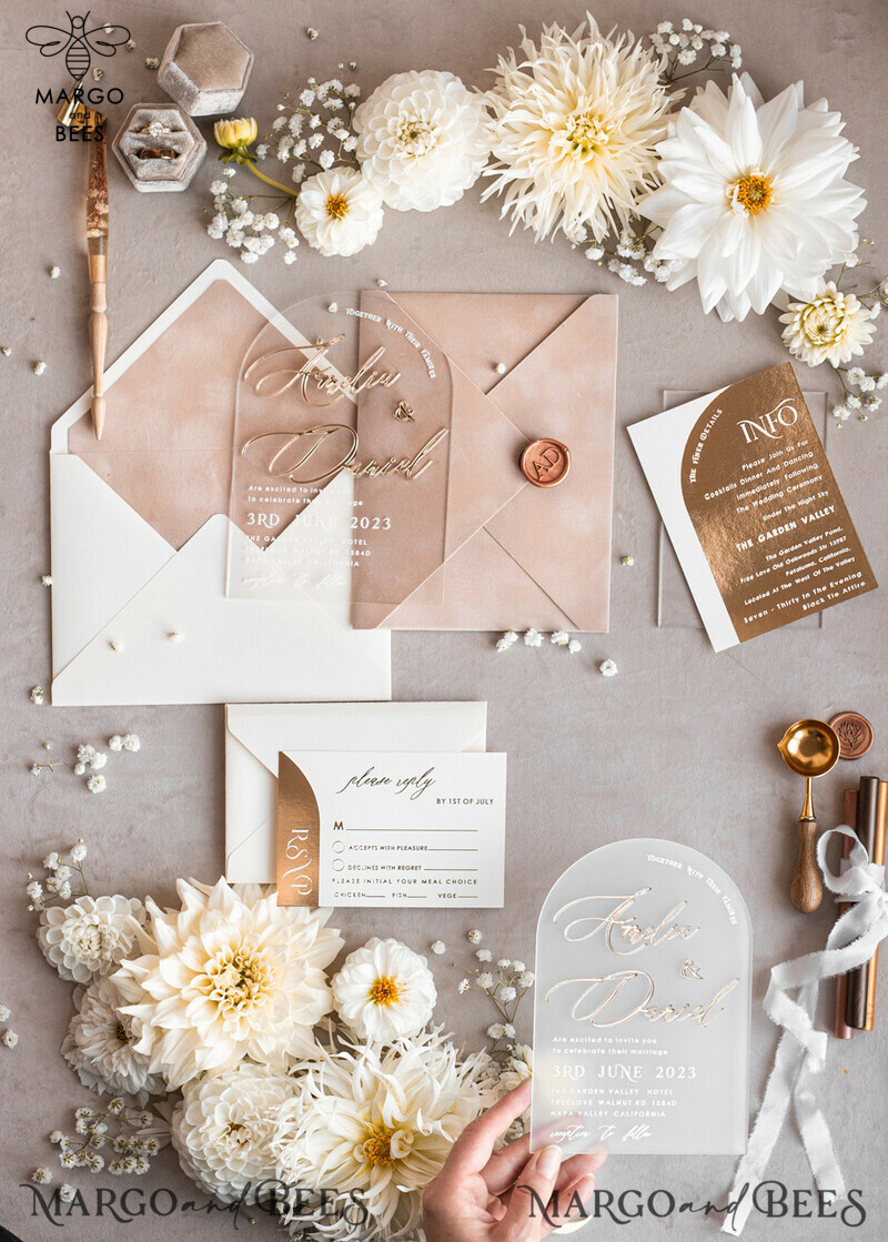 Elegant Arch Golden Acrylic Wedding Invitation Suite with Velvet Beige and Glamour Plexi Glass Details-28