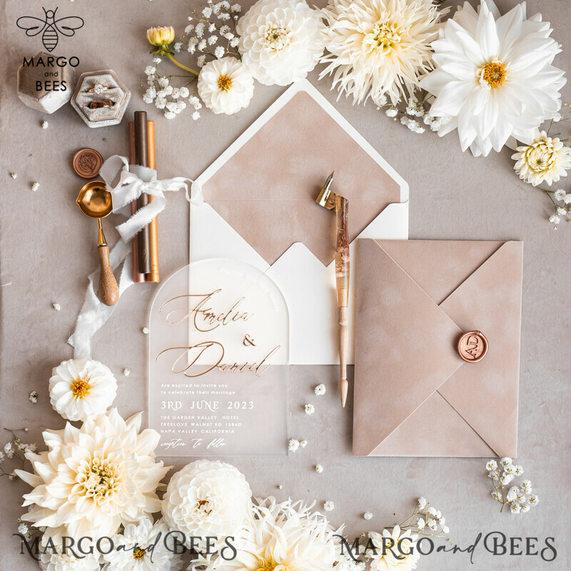 Elegant Arch Golden Acrylic Wedding Invitation Suite with Velvet Beige and Glamour Plexi Glass Details-11