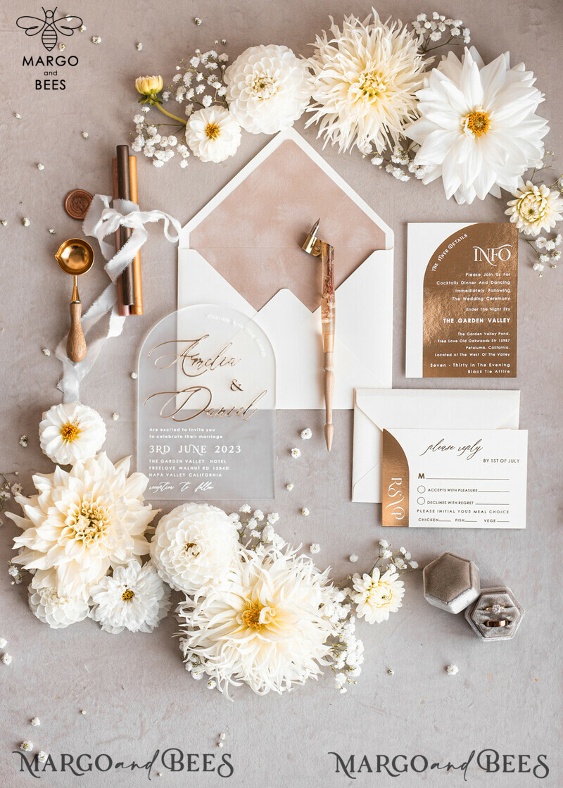 Elegant Arch Golden Acrylic Wedding Invitation Suite with Velvet Beige and Glamour Plexi Glass Details-29