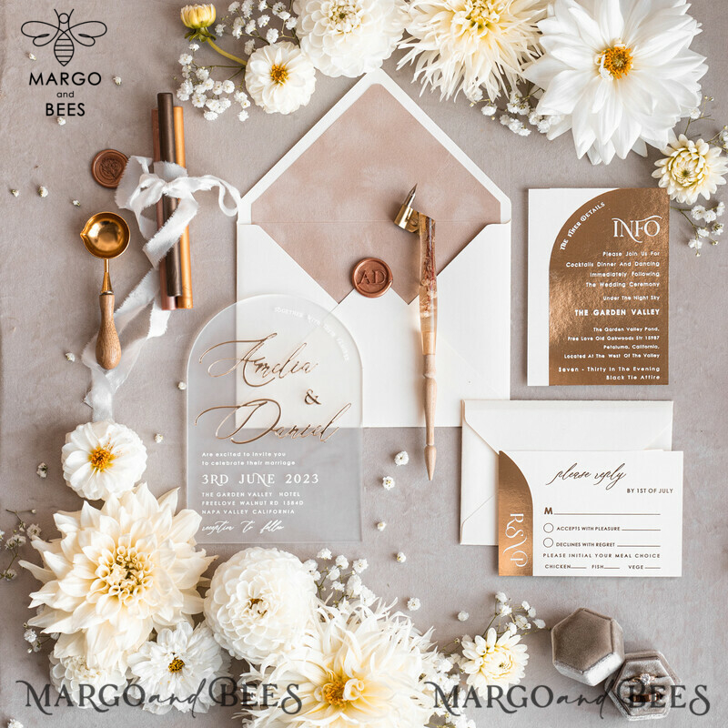 Elegant Arch Golden Acrylic Wedding Invitation Suite with Velvet Beige and Glamour Plexi Glass Details-18