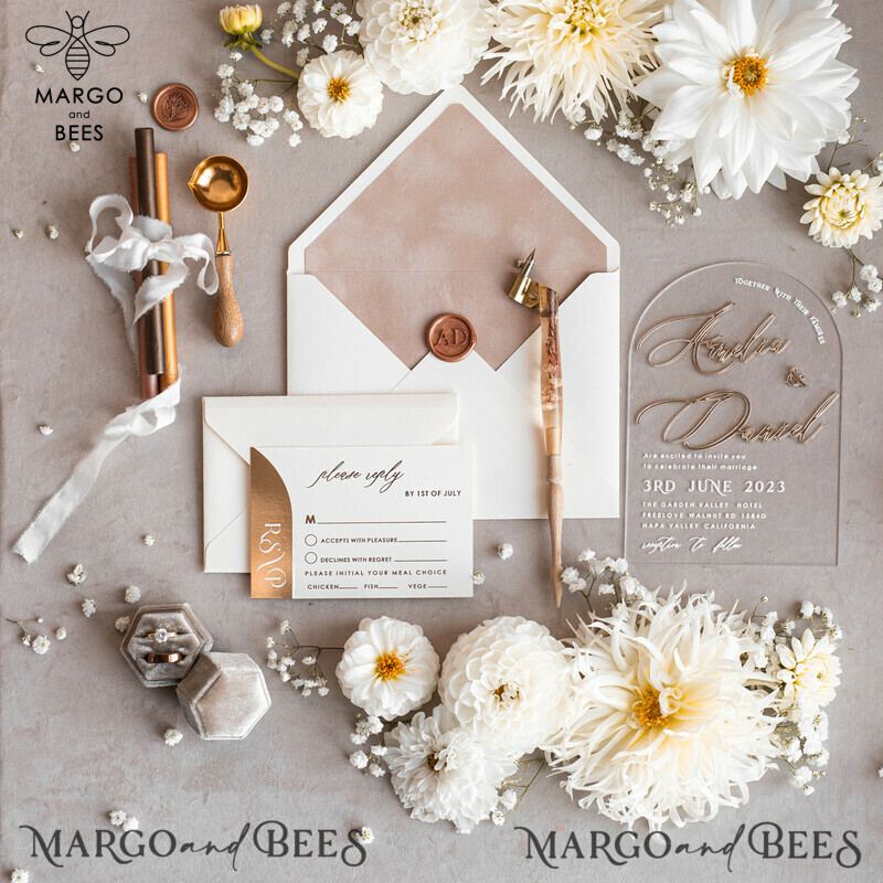 Elegant Arch Golden Acrylic Wedding Invitation Suite with Velvet Beige and Glamour Plexi Glass Details-30