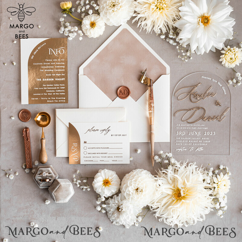 Elegant Arch Golden Acrylic Wedding Invitation Suite with Velvet Beige and Glamour Plexi Glass Details-31