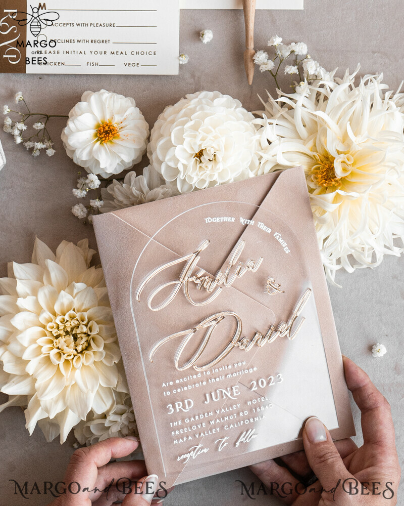 Elegant Arch Golden Acrylic Wedding Invitation Suite with Velvet Beige and Glamour Plexi Glass Details-12