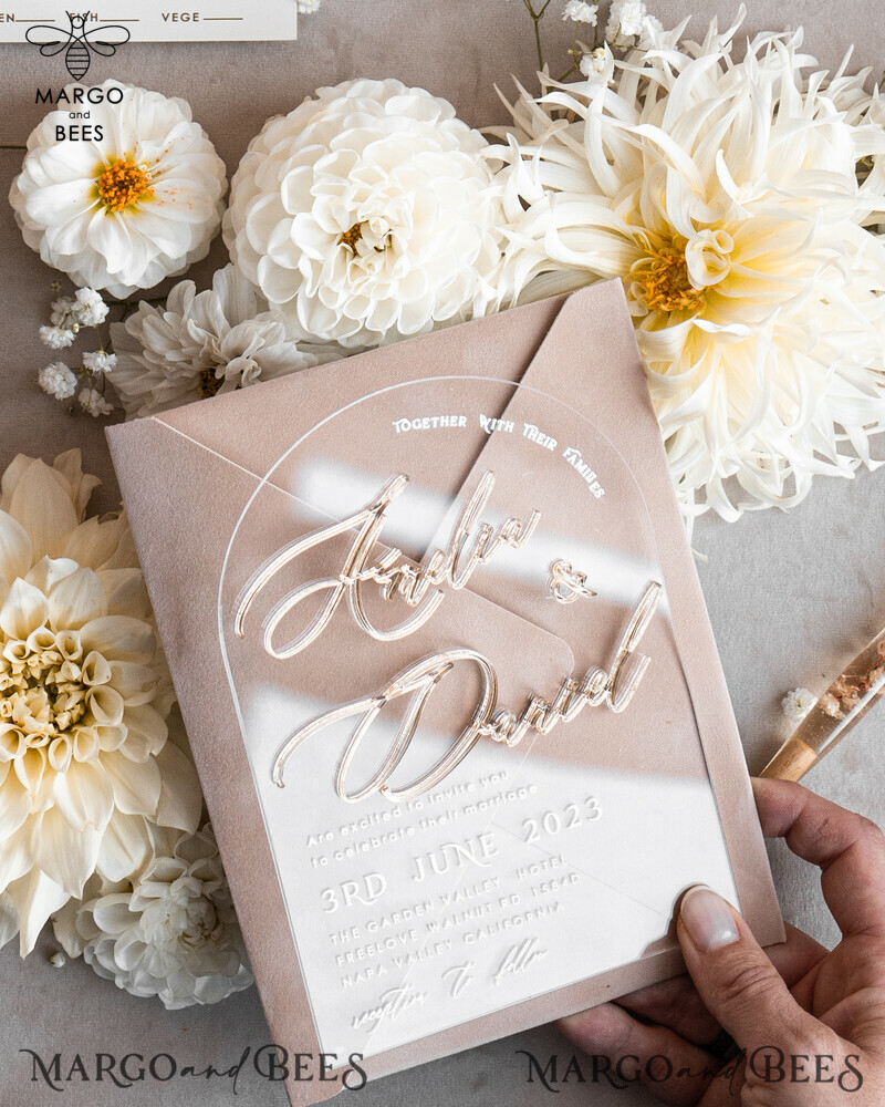 Elegant Arch Golden Acrylic Wedding Invitation Suite with Velvet Beige and Glamour Plexi Glass Details-13