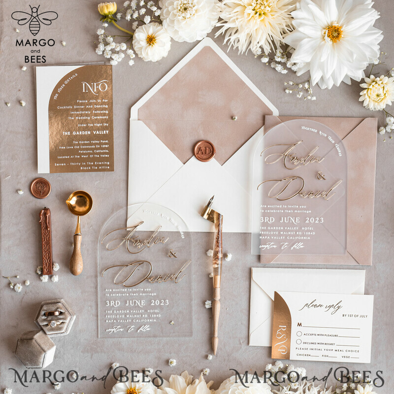 Elegant Arch Golden Acrylic Wedding Invitation Suite with Velvet Beige and Glamour Plexi Glass Details-32