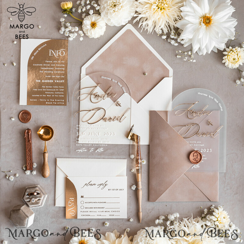 Elegant Arch Golden Acrylic Wedding Invitation Suite with Velvet Beige and Glamour Plexi Glass Details-33