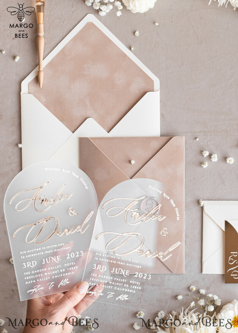 Elegant Arch Golden Acrylic Wedding Invitation Suite with Velvet Beige and Glamour Plexi Glass Details-5