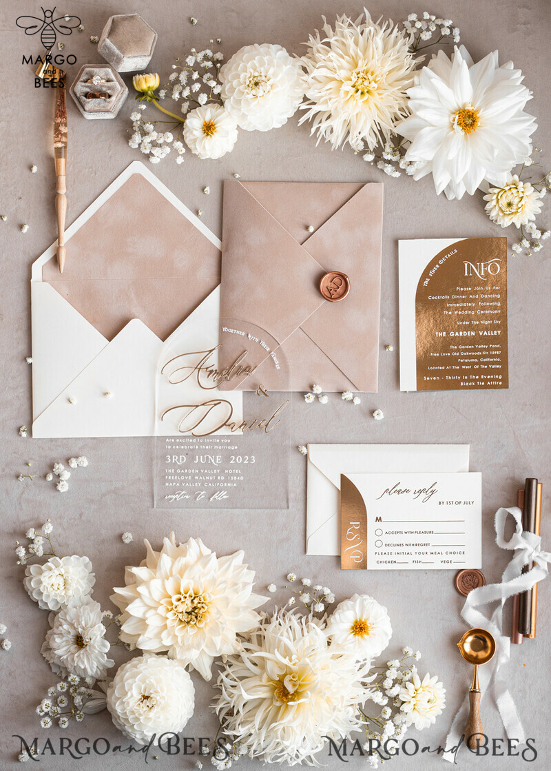 Elegant Arch Golden Acrylic Wedding Invitation Suite with Velvet Beige and Glamour Plexi Glass Details-22