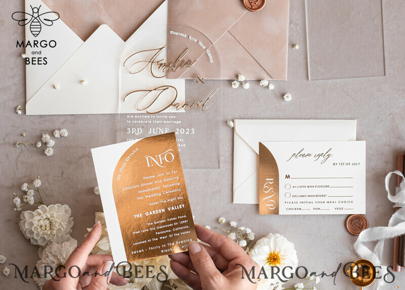 Elegant Arch Golden Acrylic Wedding Invitation Suite with Velvet Beige and Glamour Plexi Glass Details-23