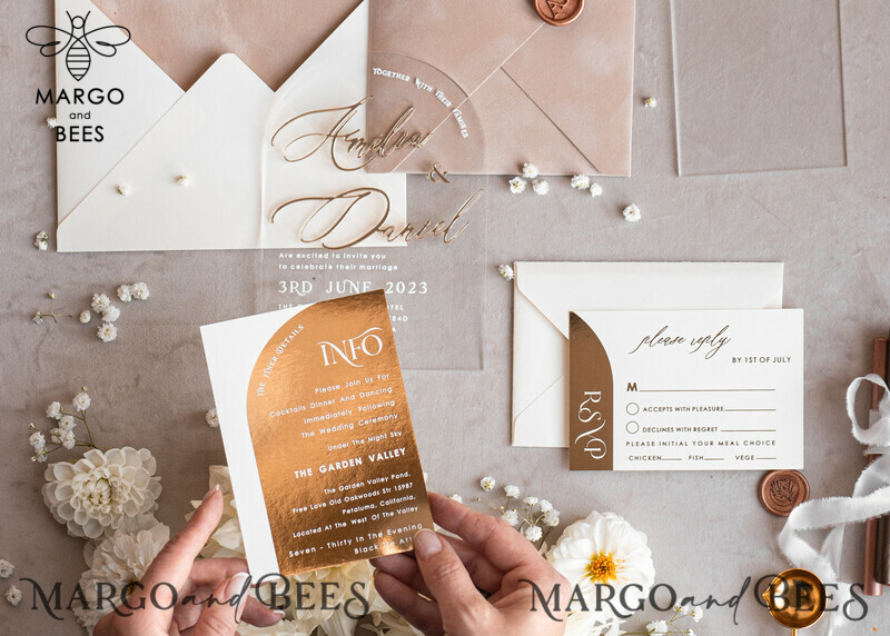 Elegant Arch Golden Acrylic Wedding Invitation Suite with Velvet Beige and Glamour Plexi Glass Details-9