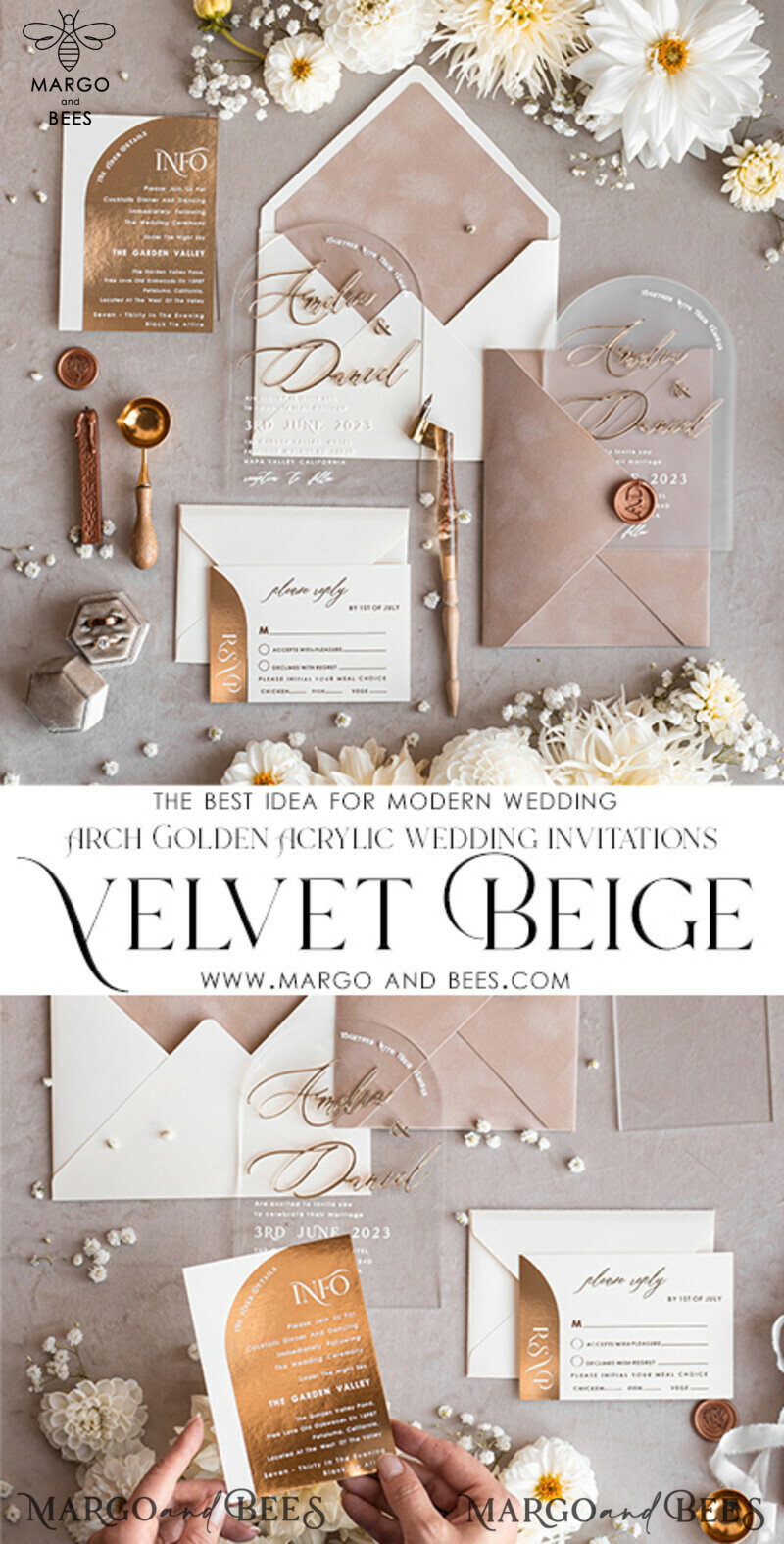 Elegant Arch Golden Acrylic Wedding Invitation Suite with Velvet Beige and Glamour Plexi Glass Details-6