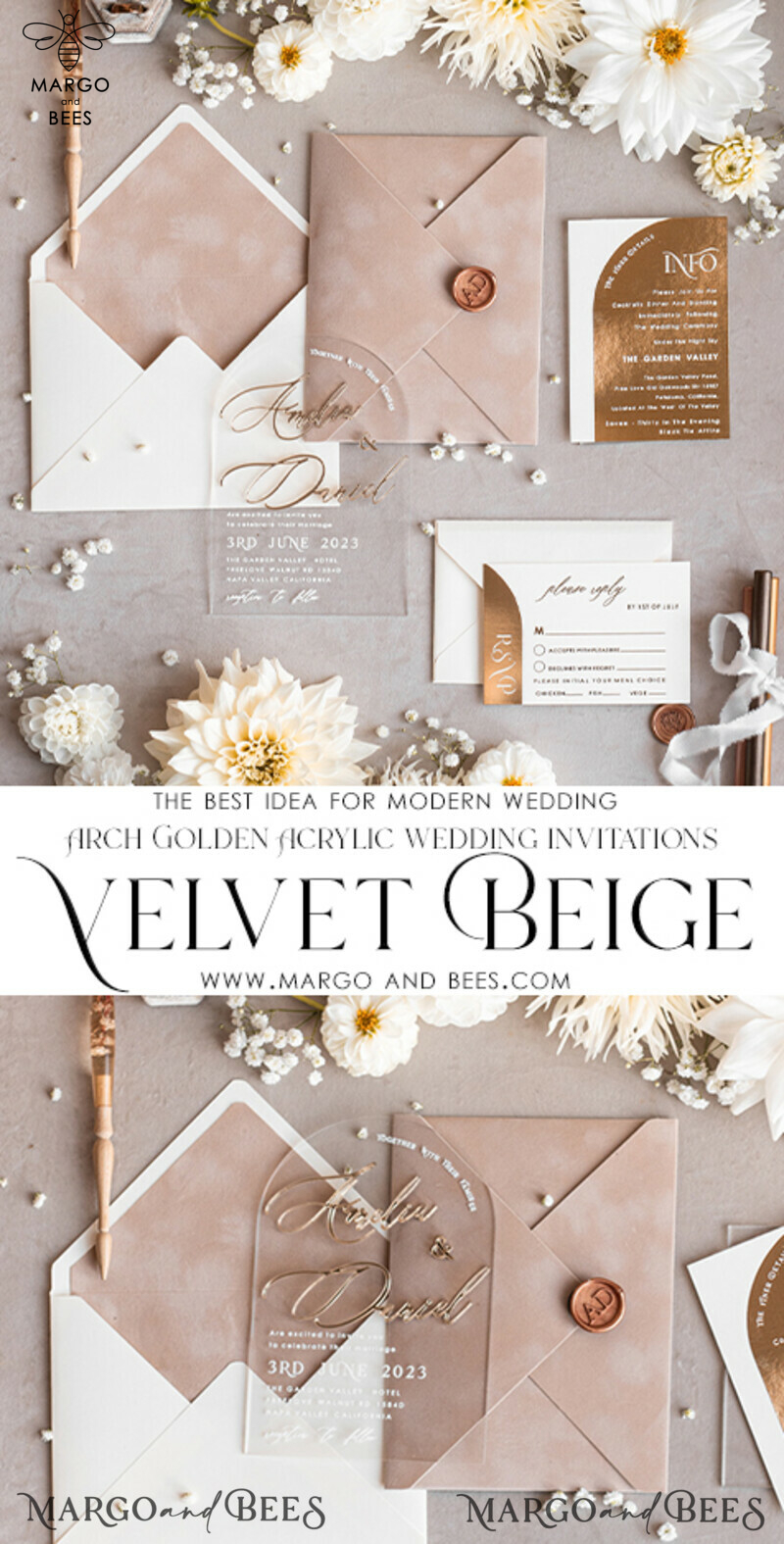 Elegant Arch Golden Acrylic Wedding Invitation Suite with Velvet Beige and Glamour Plexi Glass Details-3