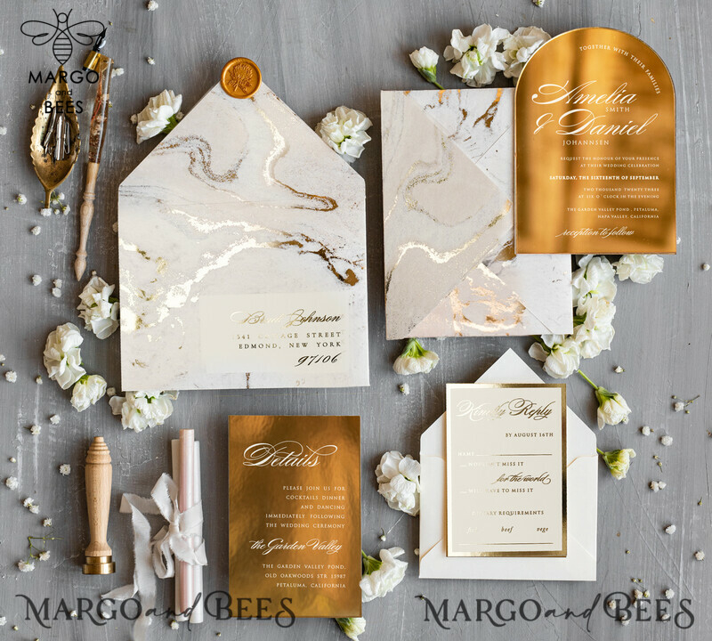 Arch Gold Acrylic wedding invitation, Luxury gold marble Wedding Invites, Glamour Ivory Wedding Invitation Suite-4