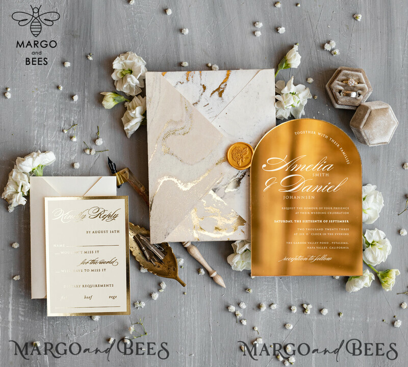 Arch Gold Acrylic wedding invitation, Luxury gold marble Wedding Invites, Glamour Ivory Wedding Invitation Suite-7