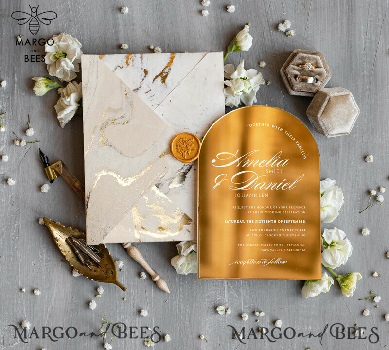 Arch Gold Acrylic wedding invitation, Luxury gold marble Wedding Invites, Glamour Ivory Wedding Invitation Suite-9