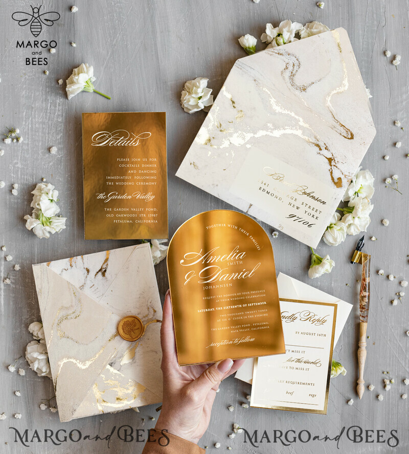 Arch Gold Acrylic wedding invitation, Luxury gold marble Wedding Invites, Glamour Ivory Wedding Invitation Suite-10